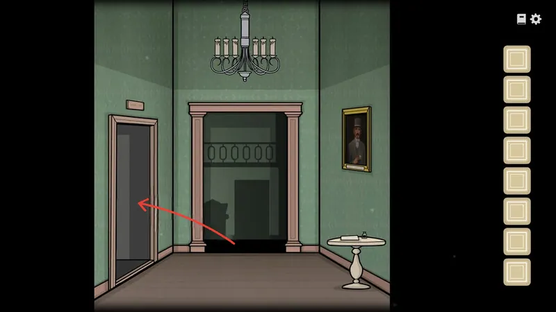 Hallway with an arrow pointing to the left door
