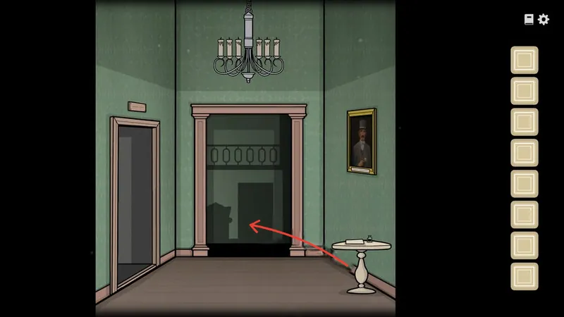 Hallway with an arrow pointing to the door straight ahead