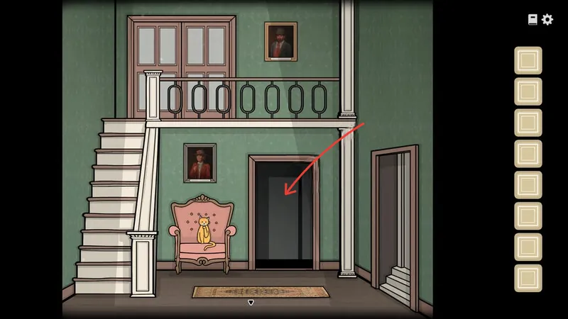 Room with Rustie on a pink chair and an arrow to the right-hand door