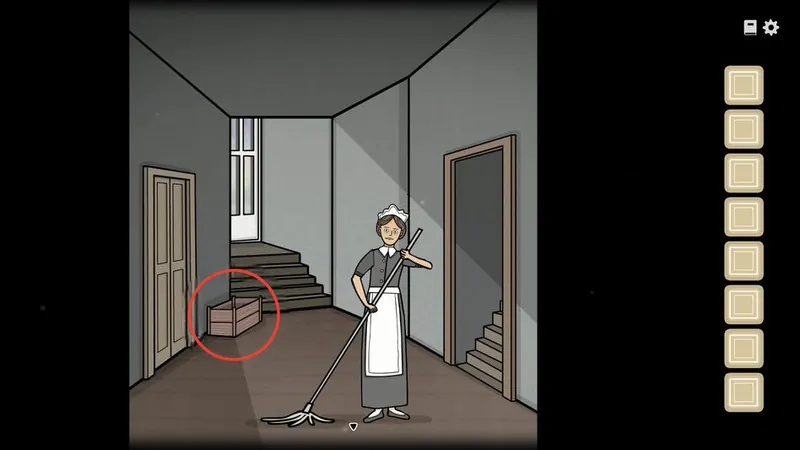Maid sweeping with the crate circled near the stairs