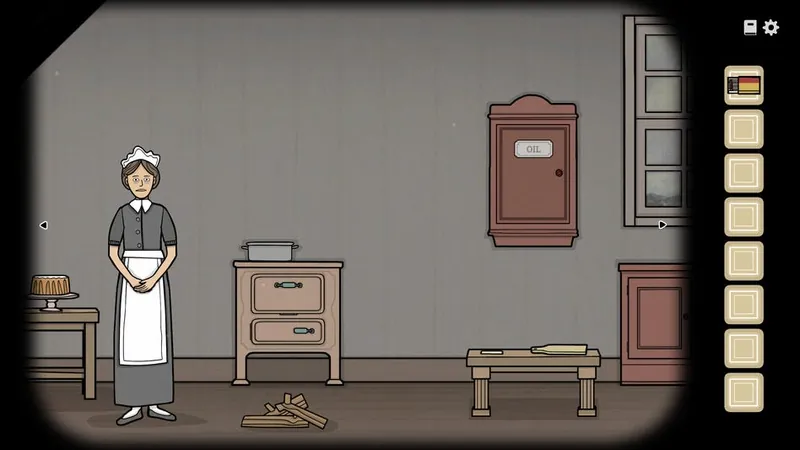 Kitchen with the maid, the cake, the stove, and a cutting board