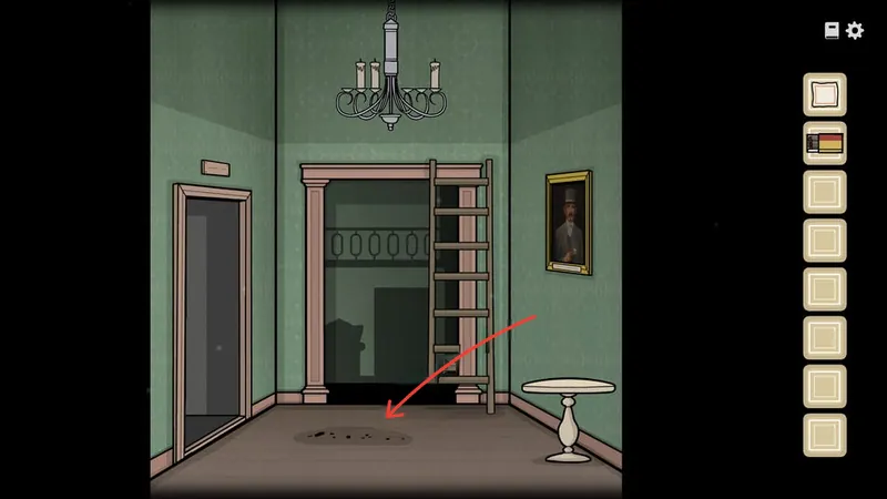 Entrance hall with an arrow pointing to the dirt patch on the floor