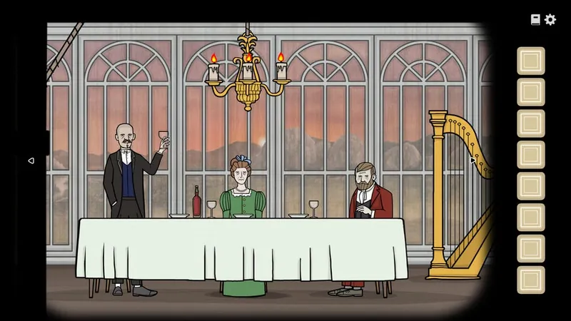 Dining room with the three siblings at the table and a harp on the right