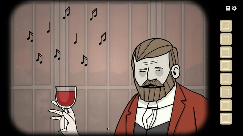 William holding his wine glass under falling music notes