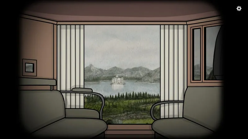 Carriage window with the curtains open, showing the lake