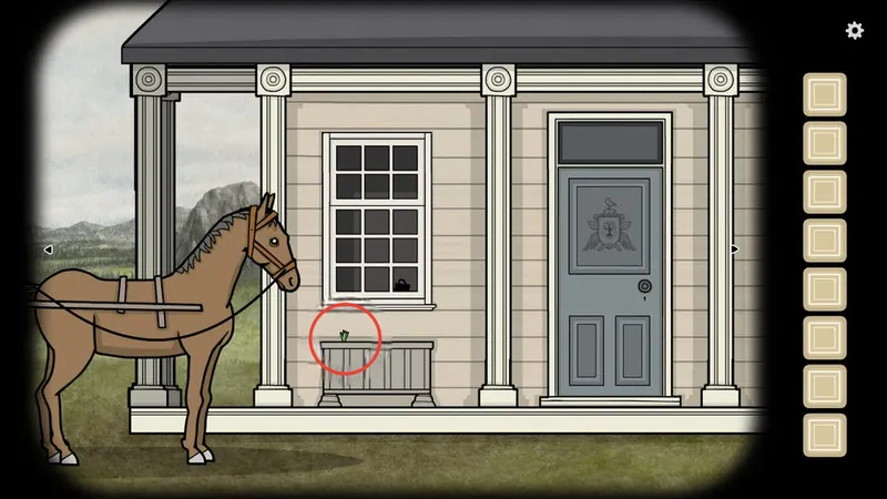 Front of the house with the planter circled next to the horse