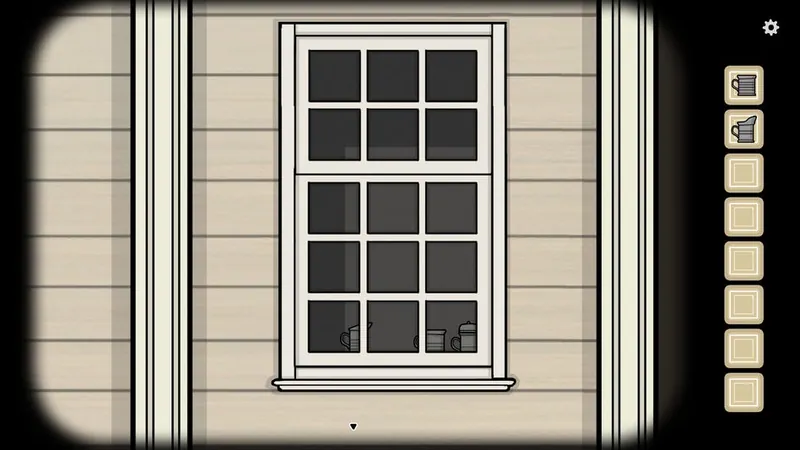 Right-hand window open with tin cups lined up on the sill