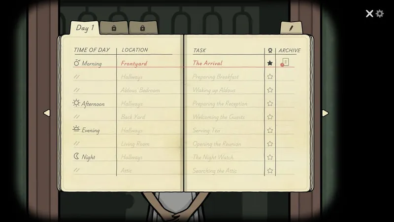 Notebook page listing the Day 1 tasks by time of day