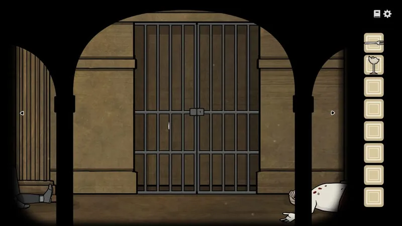 Underground cave with a cell door and bodies on either side