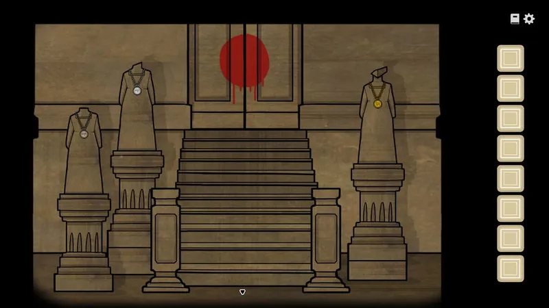 Three headless statues by the doors with a red mark