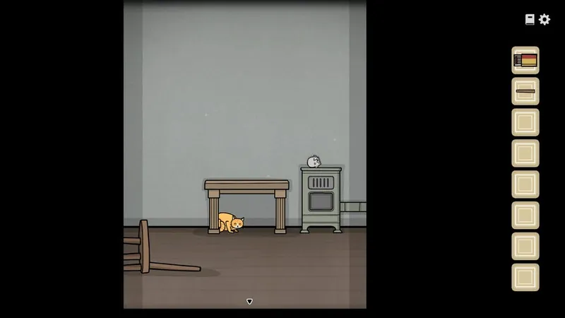 Rustie hiding under the table in the stove room next to a broken chair
