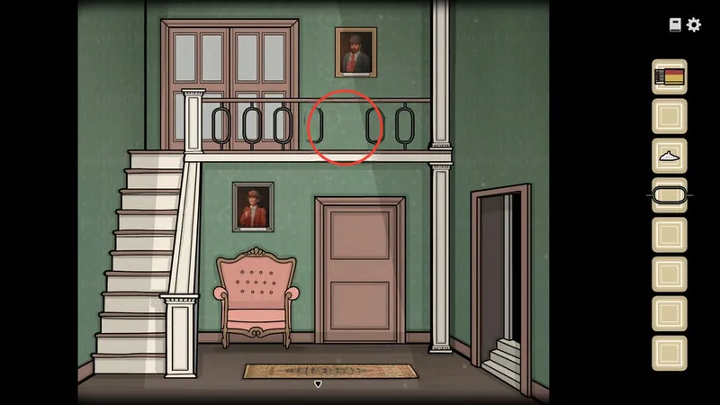 Hallway with the gap in the upstairs balcony circled