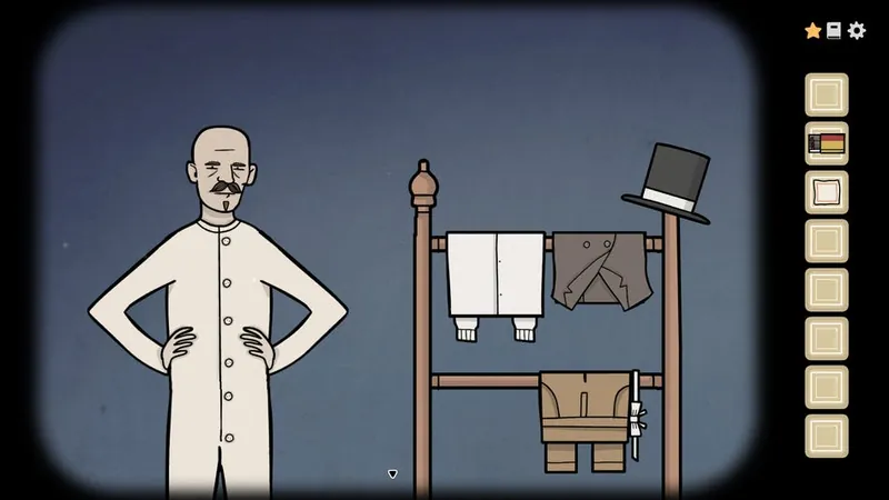 Aldous standing in his nightclothes beside the clothes rack