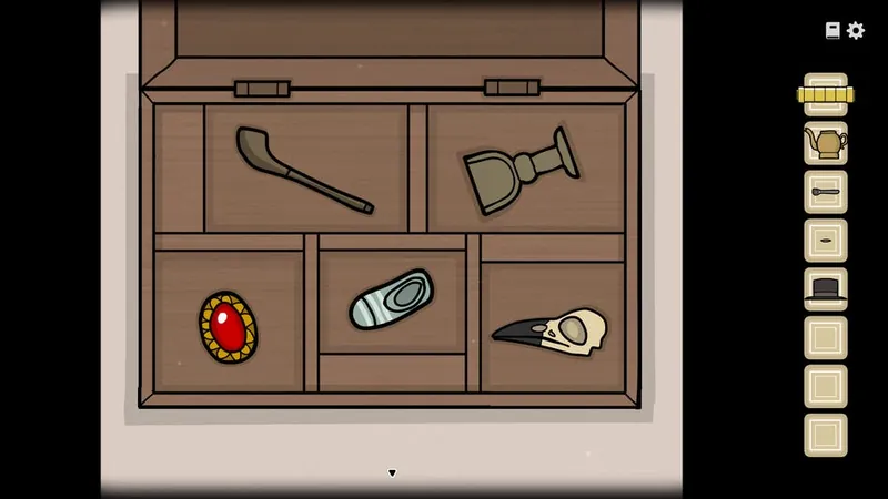 Grandfather clock box with a pipe, chalice, gem, sock, and skull in its compartments