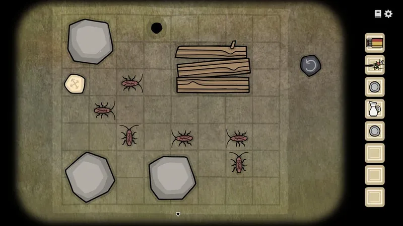 Cockroach board with stones, logs, and a black hole at the top