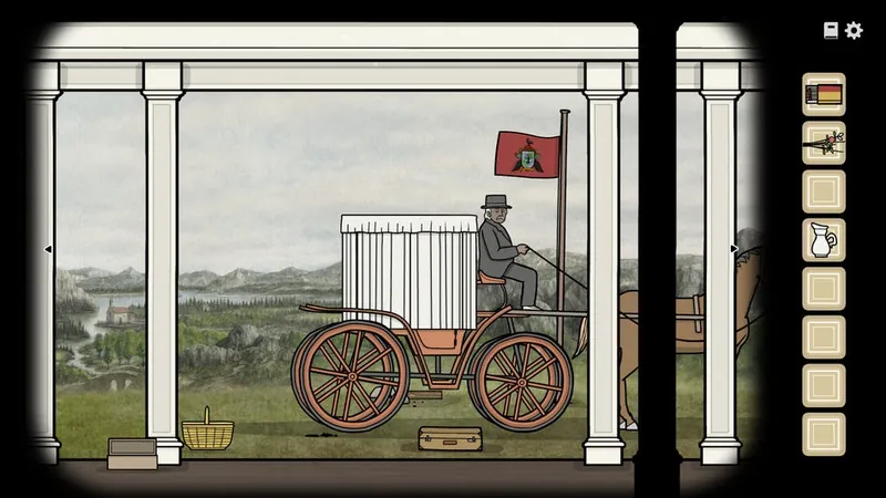 Carriage at the house with a basket and a suitcase on the ground