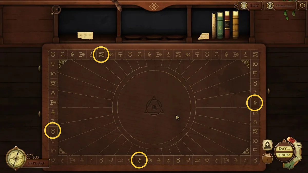 Strange Antiquities Day 10 symbol board with the four tile positions circled