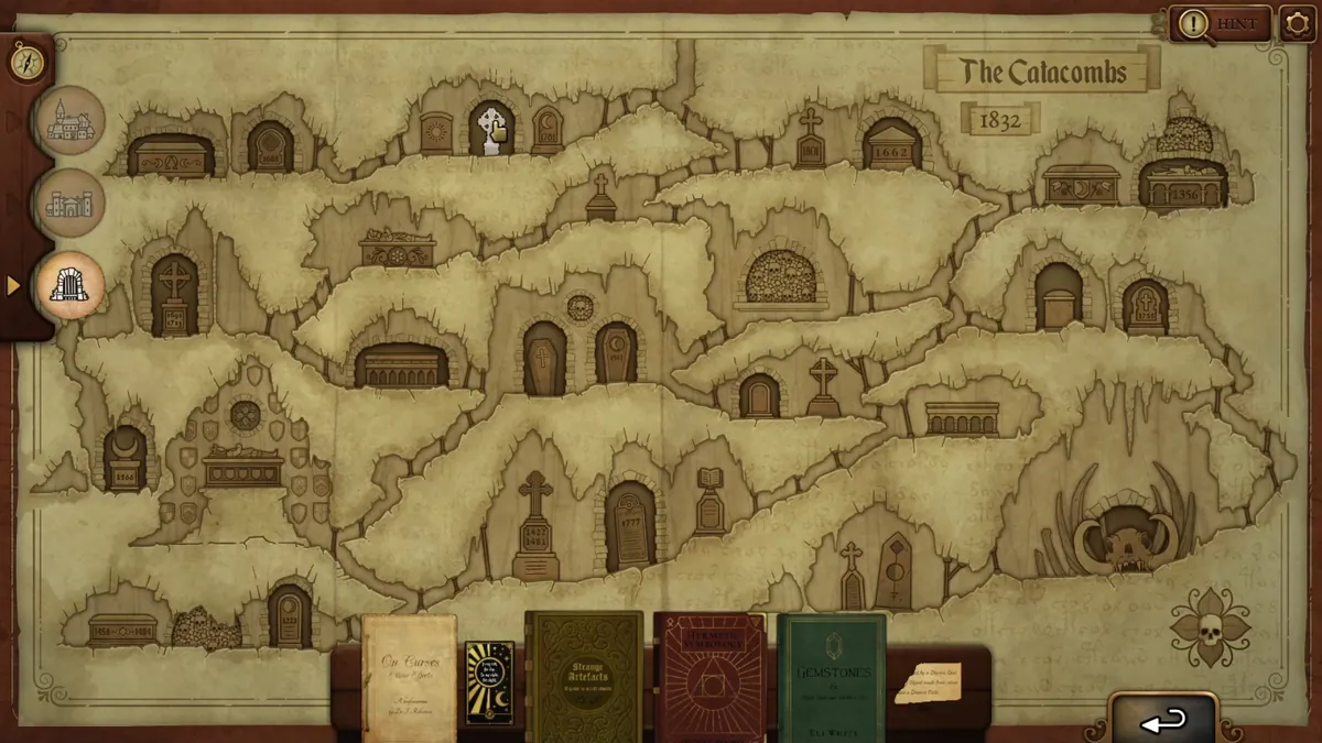 Strange Antiquities Day 12 Clue Card grave between the sun and moon graves on the Catacombs map