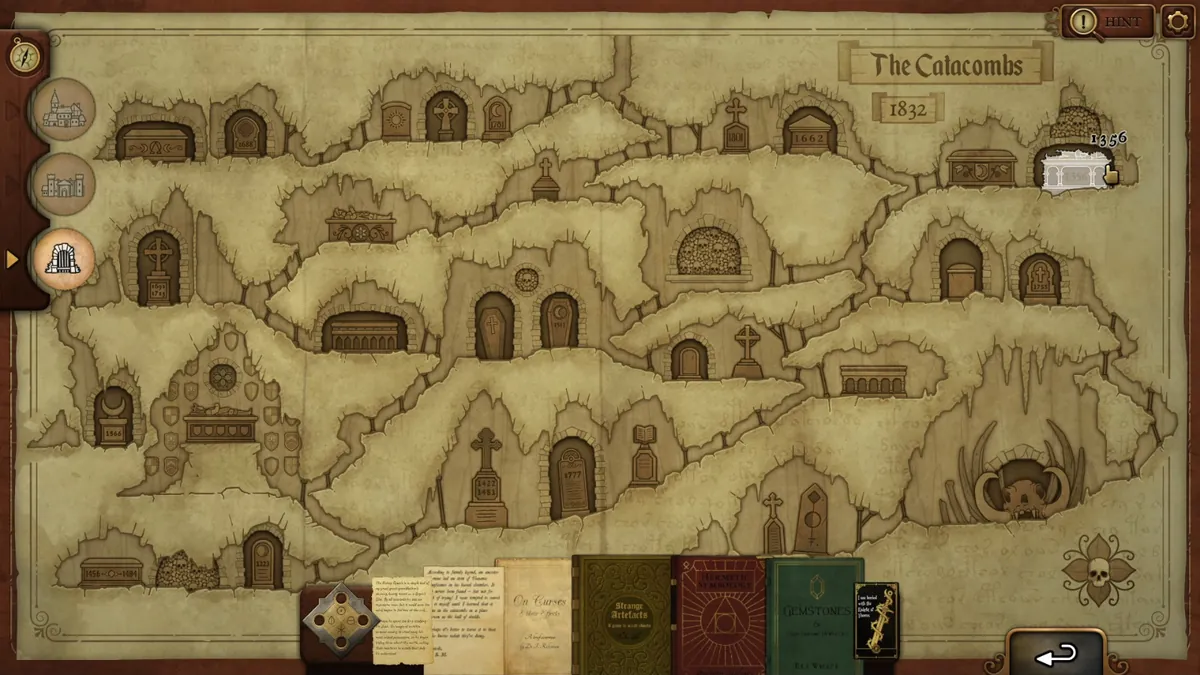 Strange Antiquities Day 14 Clue Card tomb 1356 on the Catacombs map