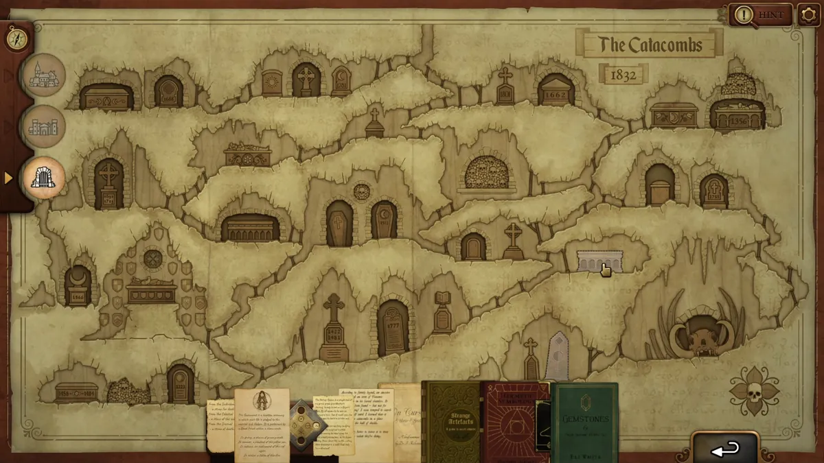 Strange Antiquities Day 16 Clue Card tomb at the end of the string path on the Catacombs map