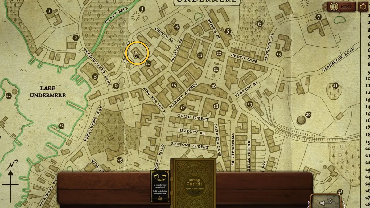 Strange Antiquities Day 2 Clue Card building above The Old Jail on the Undermere map