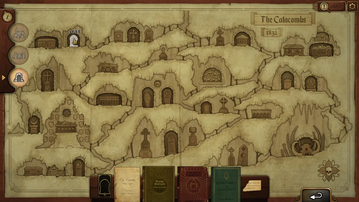 Strange Antiquities Day 9 Clue Card grave 1688 on the Catacombs map