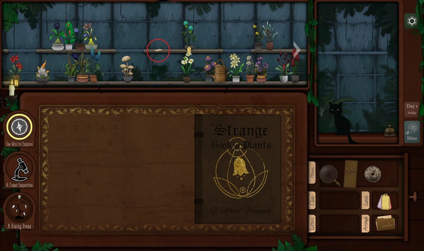 Strange Horticulture Day 1 mysterious card location on the shelf