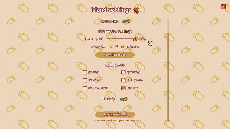 Island settings with only bun run ticked under minigames