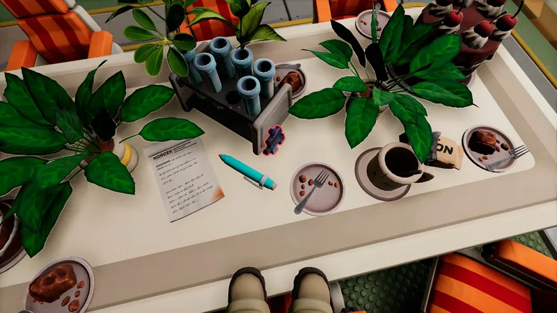 Puzzle piece on the dining table next to test tubes and a notebook